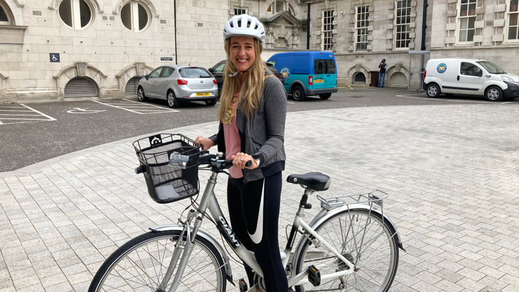 Belfast Lord Mayor Kate Nicholl with her bike, outside her place of work, Belfast City Hall.