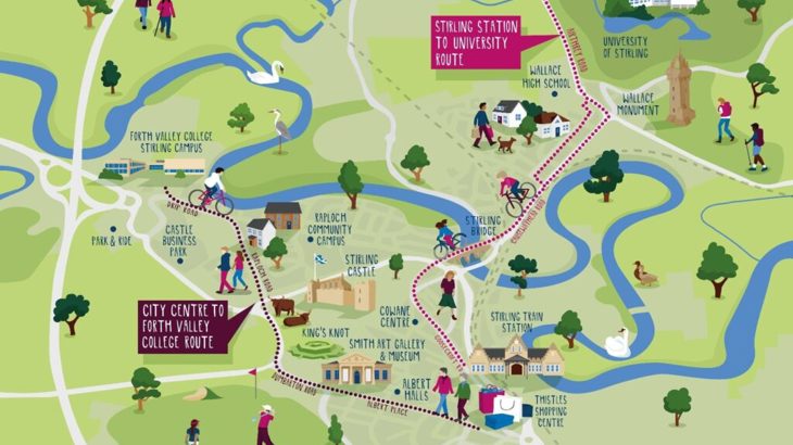 An illustrated map of Stirling showing how the project will deliver two connections through the town. 