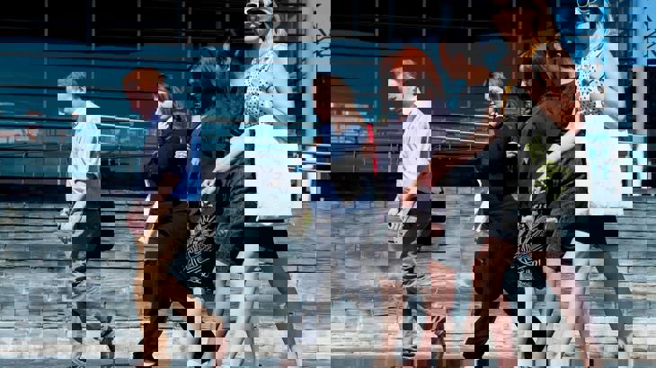 A group of people walking to work