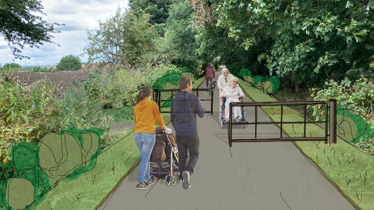 The photo is of a traffic-free path. In the background, the image uses a real photo of where the path is lined with leafy trees and shrubbery. In the foreground there is an artist's depiction of what the upgraded path will look like with a chicane for slowing cycles as well as a couple pushing a pushchair, a lady being pushed in a wheelchair by a man and a cyclist. These are computer generated images overlaid on the photo.