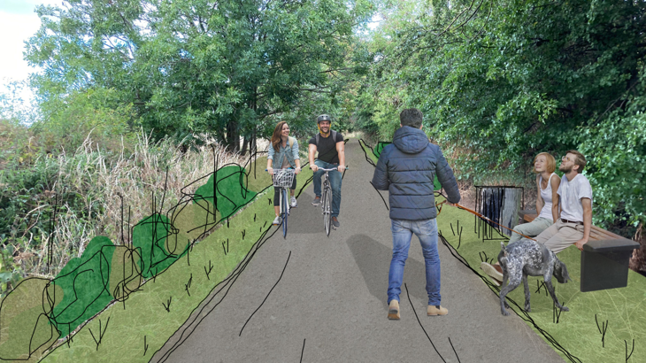 The image is of a traffic-free path. In the background, the image uses a real photo where the path is lined with leafy trees and shrubbery. In the foreground there is an artist's depiction of what the upgraded path will look like with a pair of cheerful cyclists, a man walking his dog and a man and woman sat on a bench looking at the sky.