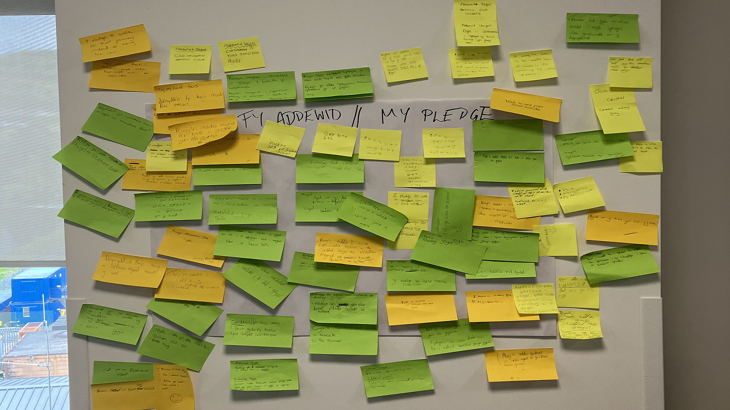 Wall covered in post-it notes with sustainable travel pledges written on them