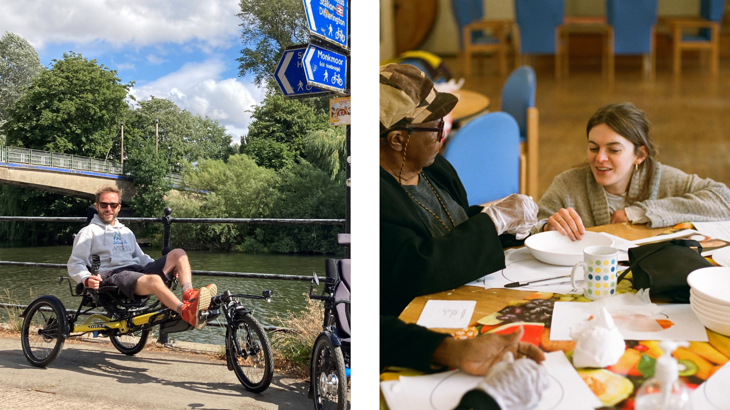 Two photos, one of a man sat smiling in a recumbent bicycle on a sunny day on the National Cycle Network and the other is a woman sat at a desk