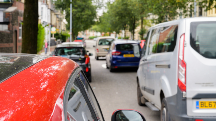 Pictured is a build-up of traffic in an urban area.
