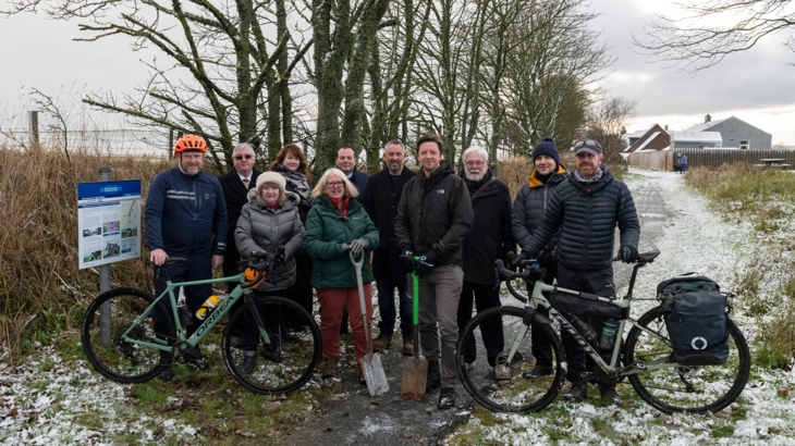 Walk Wheel Cycle Trust in Scotland, Aberdeenshire Council and Councillors celebrating the start of works to realign NCN Route 1 with the Formartine and Buchan Way.