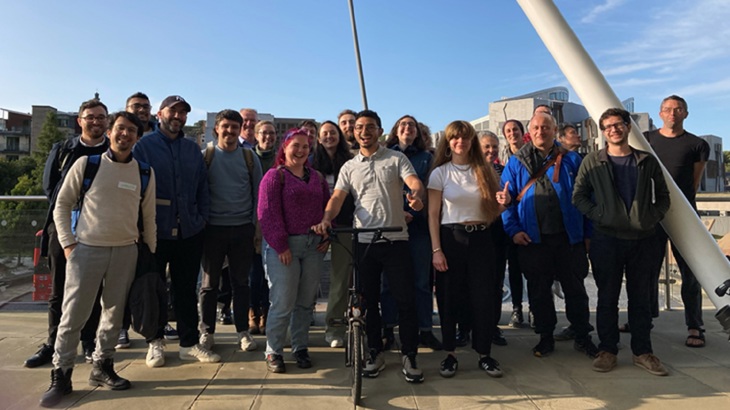 The Strategic Partnerships team at Walk Wheel Cycle Trust in Scotland is shown at Stockingfield Bridge in Glasgow