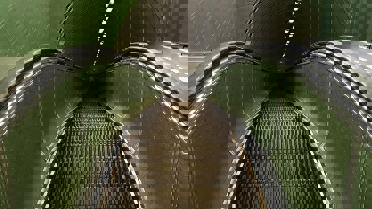 The wooden escalators of the Tyne river foot tunnel, which have been painted a dark green colour