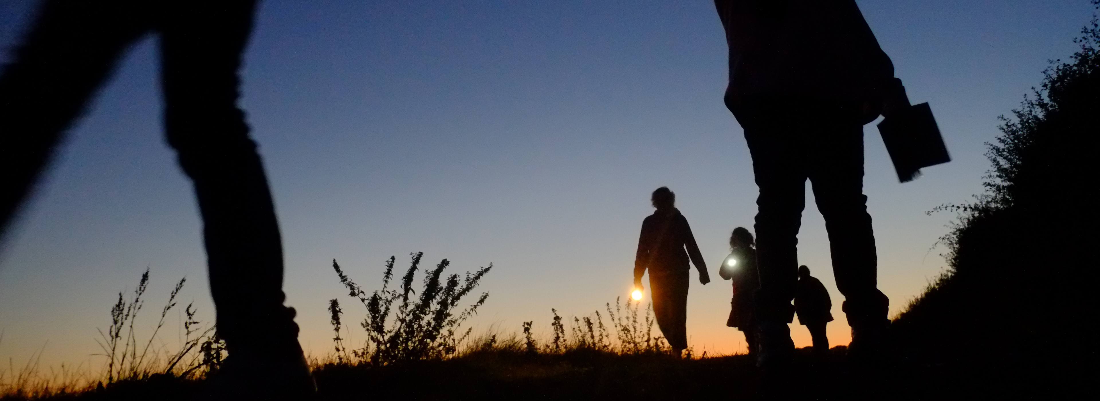 Sun setting behind walkers on a clear evening