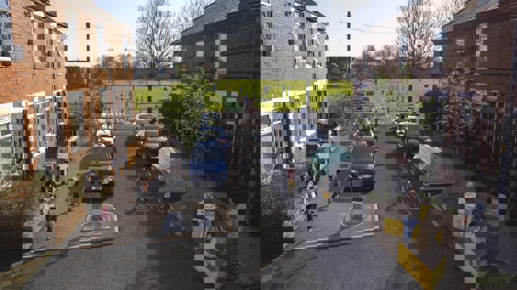 Aerial view of Audley Road filtered neighbourhood, Greater Manchester.