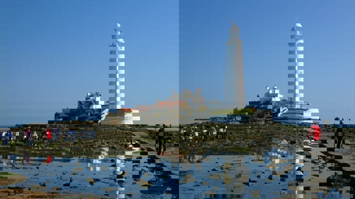 White lighthouse and houses on small island in bay with walkway leading up to it and people walking around it