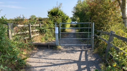 A traffic free National Cycle Network route on a sunny day with shrubbery either side and an access gate in the middle of the path