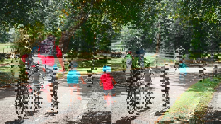 a family with young children ride their bicycles through a park on a sunny day