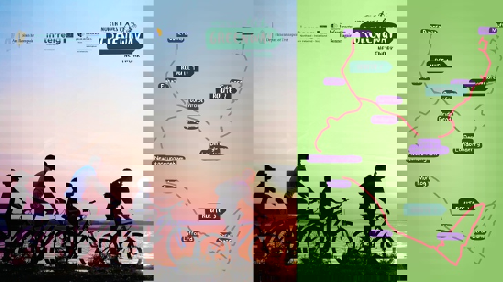 two men and two boys cycling at sunset along the foyle greenway with a graphic of a map of the north west greenway network to the right