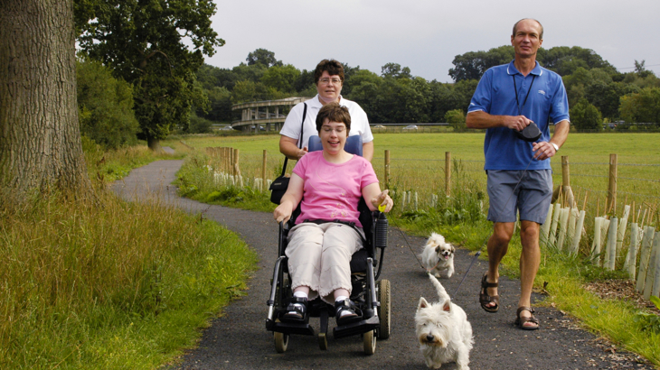 Person in wheelchair and family walking dogs, National Route 45 near Coate Water Park