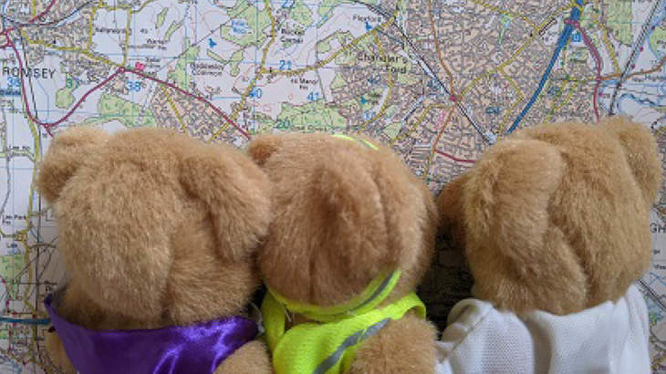 Photograph of three teddy bears looking at a paper map