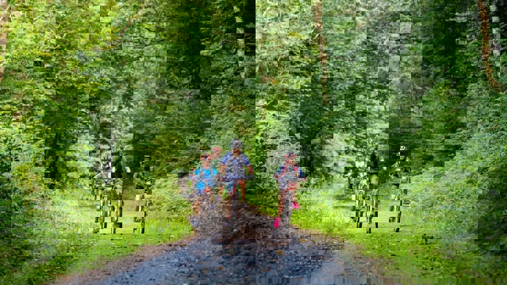 Three children cycle on the traffic-free Tarka Trail, an adult follows behind. All around are tall trees creating a lush, green corridor.