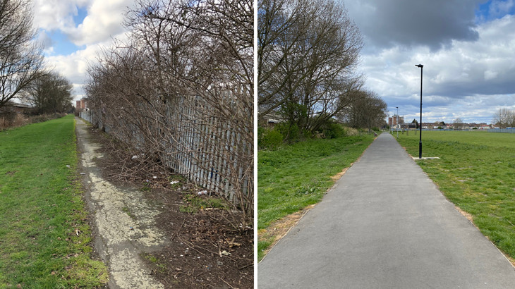 Before and after shot of the Ripple Greenway in London. Left photo shows an abandoned, overgrown walkway, and the right photo shows the newly built greenway.