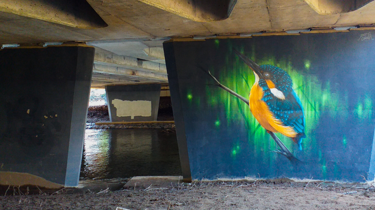 A tunnel with vibrant artwork of a bird