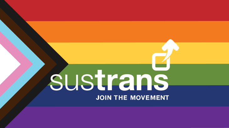 Walk Wheel Cycle Trust logo overlaid onto the Pride Progress rainbow flag.