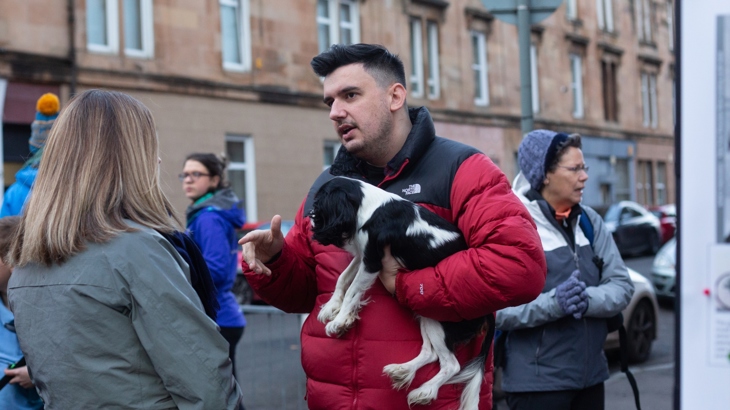 Community member chats to Walk Wheel Cycle Trust in Scotland representative