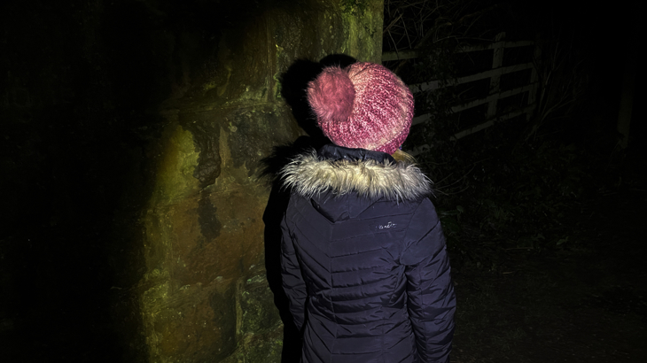 A lone woman, illuminated by torch light, walks under a railway bridge on a tree-lined traffic free path.