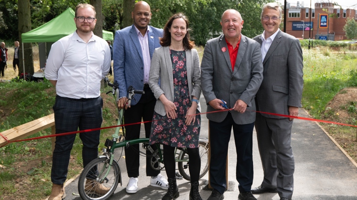 Ribbon cutting image shows, left to right Alistair Crisp (Walk Wheel Cycle Trust Network Development Manager – West Midlands), Mark Corbin (Transport for West Midlands), Clare Maltby (Walk Wheel Cycle Trust Midlands & East Director), Jim O’Boyle (Coventry City Councillor) and Stuart Croft (University of Warwick Vice Chancellor). Photo: Mark Radford/Walk Wheel Cycle Trust. 