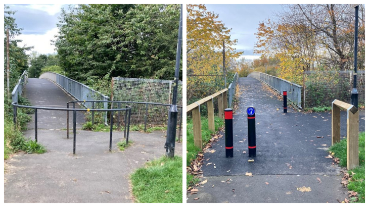 A before and after photo of a National Cycle Network path showing redesigned barriers to improve accessibility 